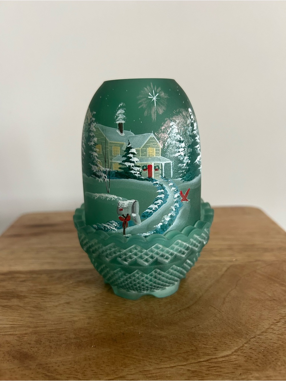 Fenton Green Satin Christmas Winter House Scene Fairy Lamp